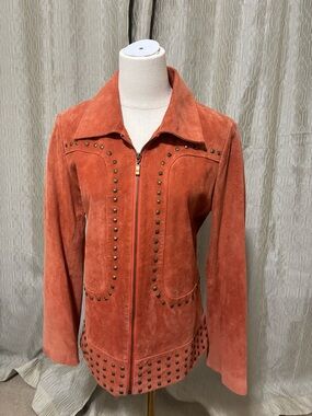 Vintage Running wild Women's western Suede Studded Zip Jacket - Rust Orange